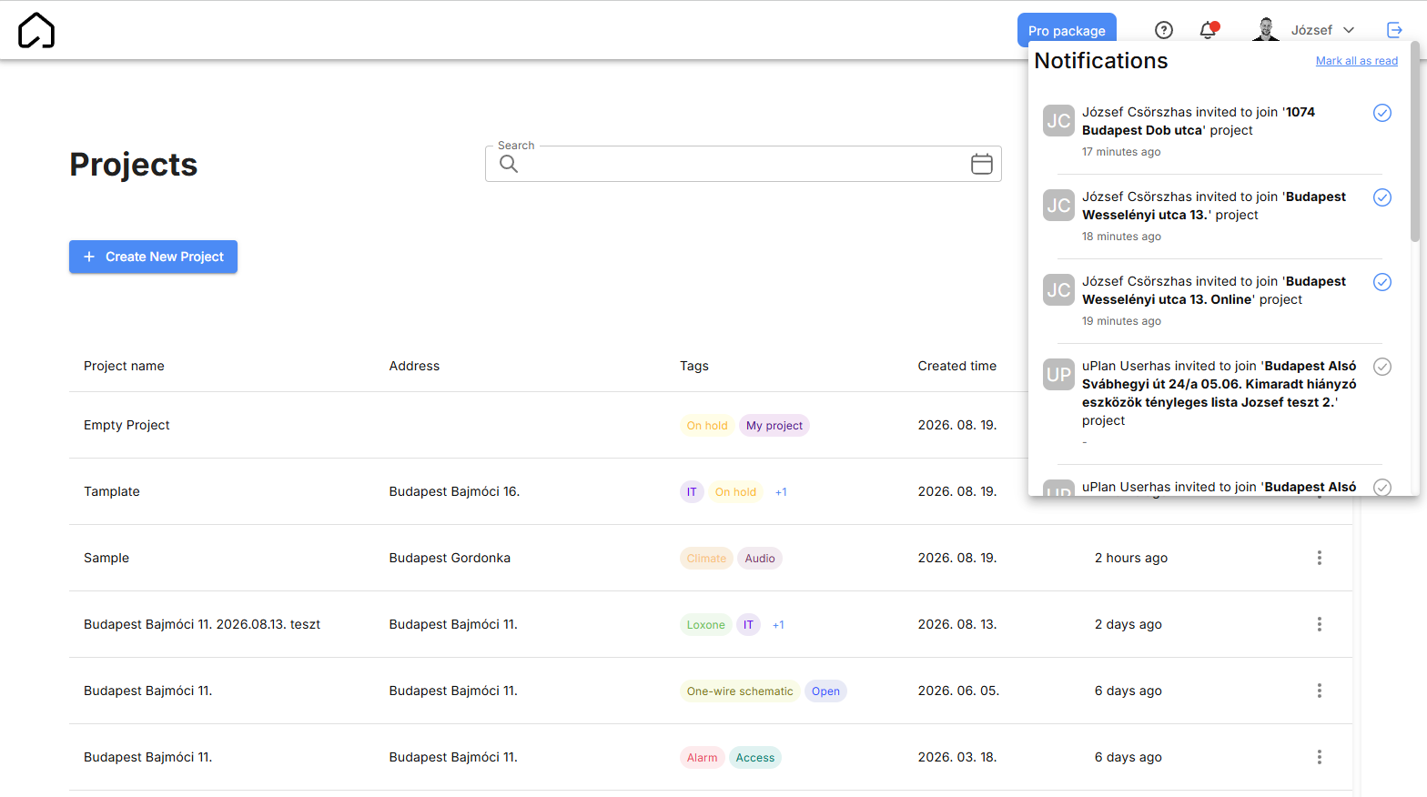 Notification panel listing grouped project events.