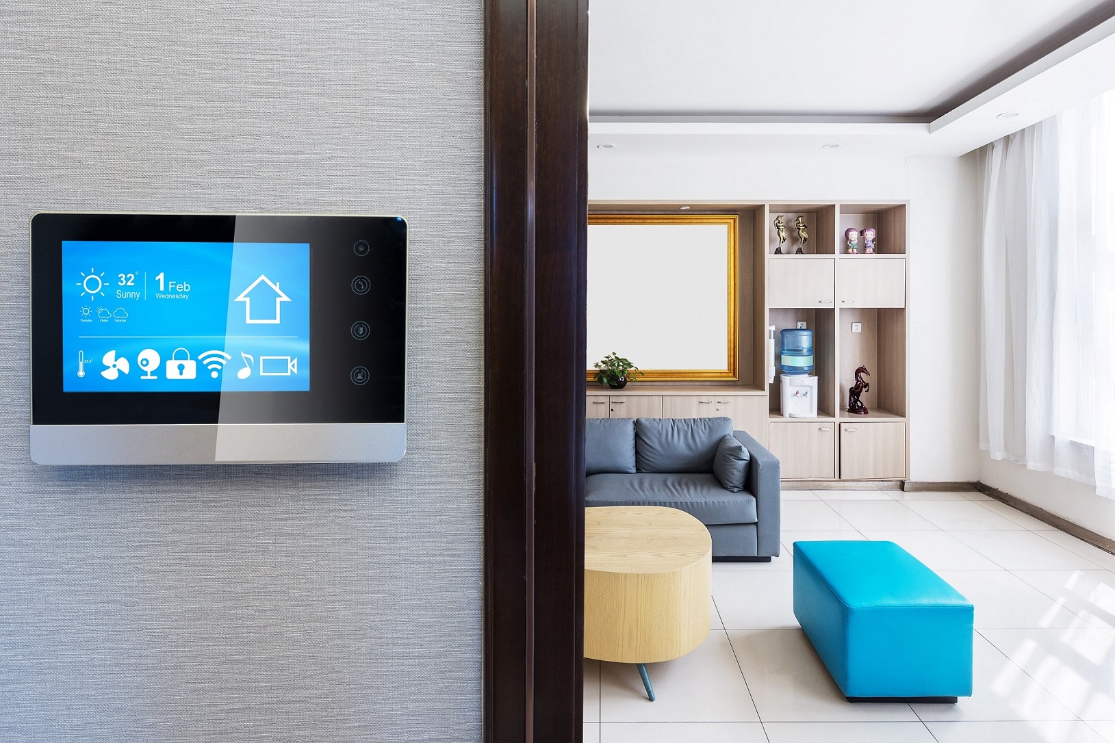 Smart home intelligent touch screen in front of a modern living room